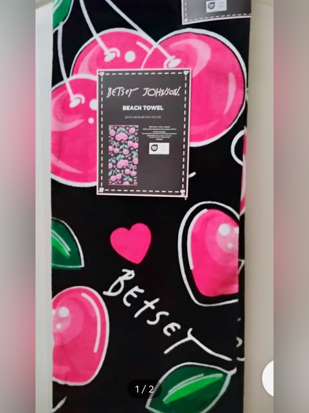 Betsey Johnson XOX Hot Pink Cherries Hearts & Bows XL Black Beach Towel